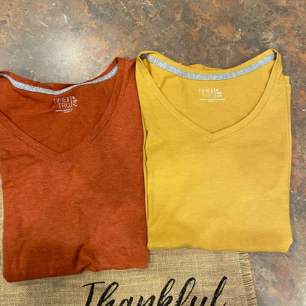 Lot Of 2 Time And Tru V-Neck Tees Small Burnt Orange & Gold Mustard